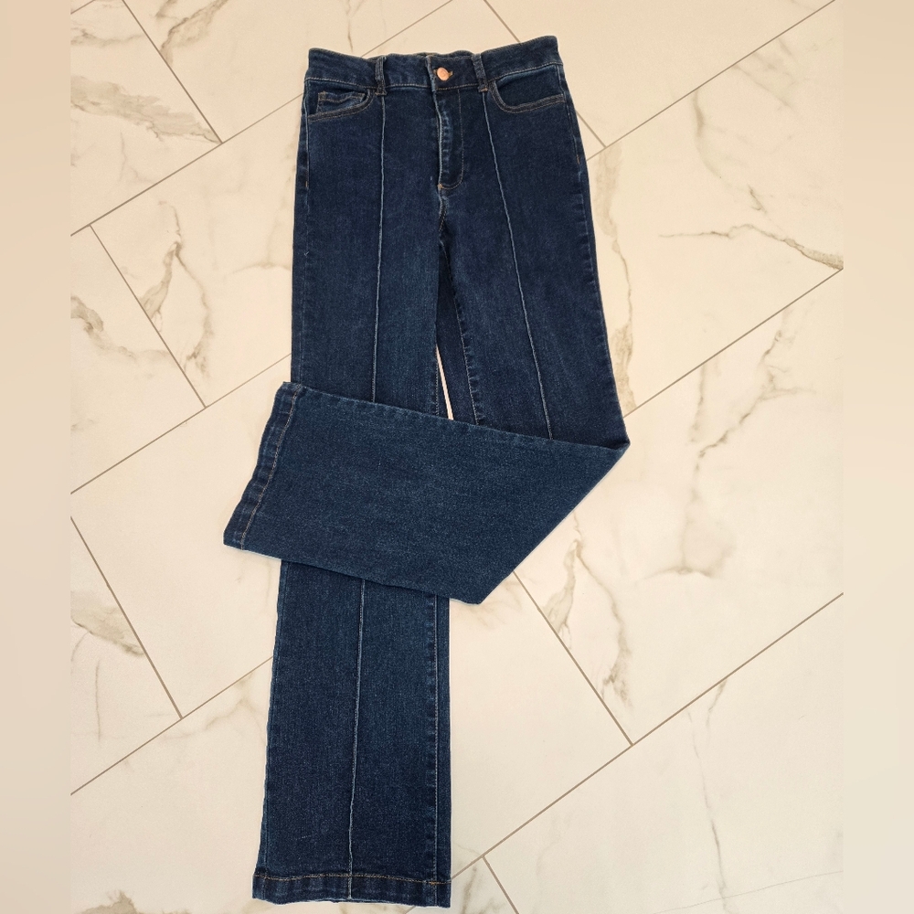Bagatelle Dark Blue Bootleg Women's Jeans Trouser Seam Pleated Front Size 25